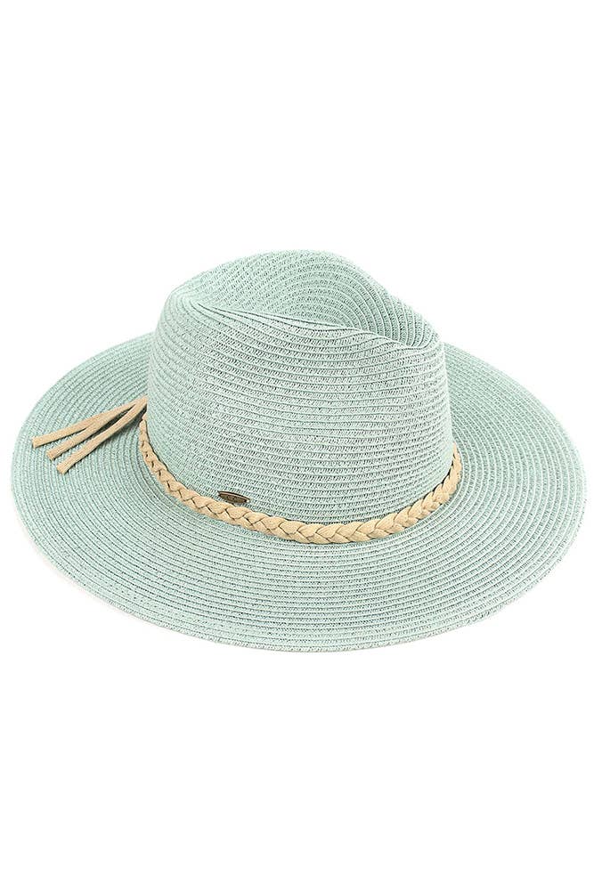 Hana - C.C Straw Panama Hat with Tied Ribbon: Coral/Beige