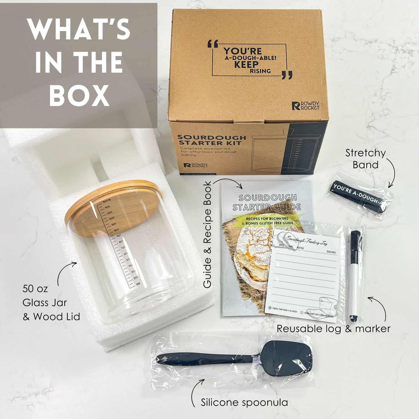 Rowdy Rocket - Sourdough Starter Kit with 50oz Glass Jar, Spatula & More
