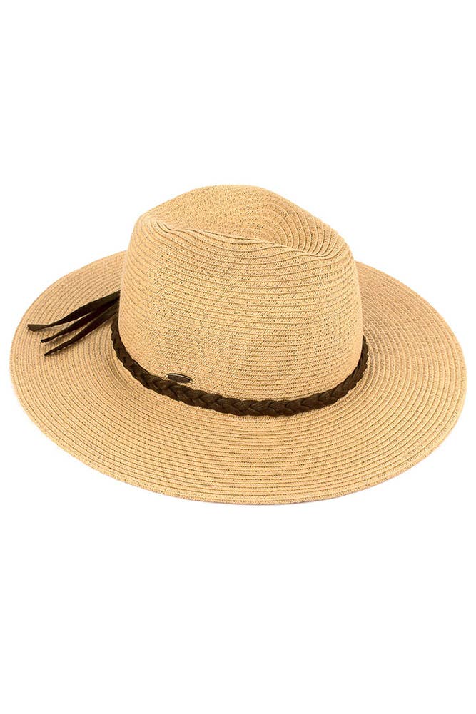 Hana - C.C Straw Panama Hat with Tied Ribbon: Coral/Beige